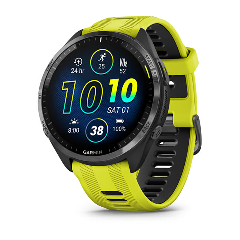 GARMIN Forerunner® 965 Carbon Grey DLC Titanium Bezel with Black Case and Amp Yellow/Black Silicone Band
