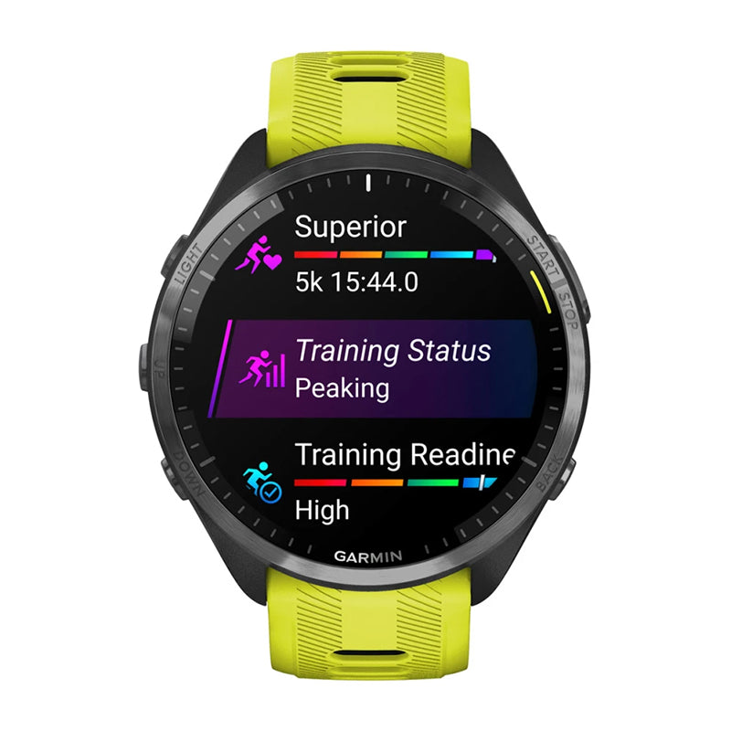 GARMIN Forerunner® 965 Carbon Grey DLC Titanium Bezel with Black Case and Amp Yellow/Black Silicone Band
