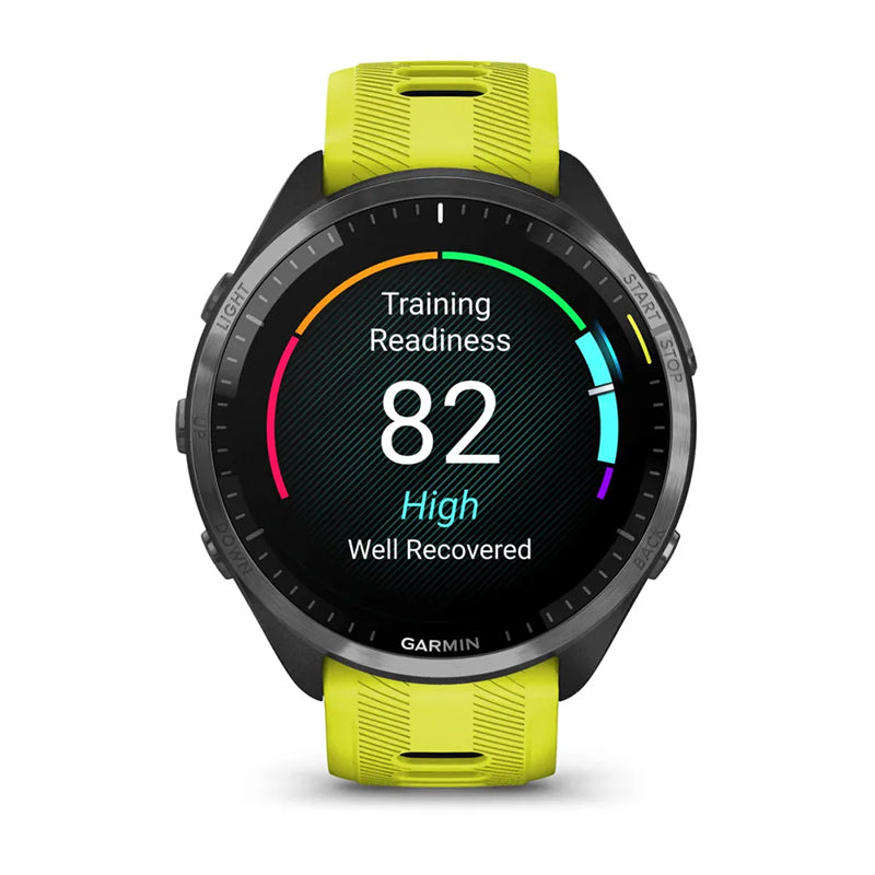 GARMIN Forerunner® 965 Carbon Grey DLC Titanium Bezel with Black Case and Amp Yellow/Black Silicone Band