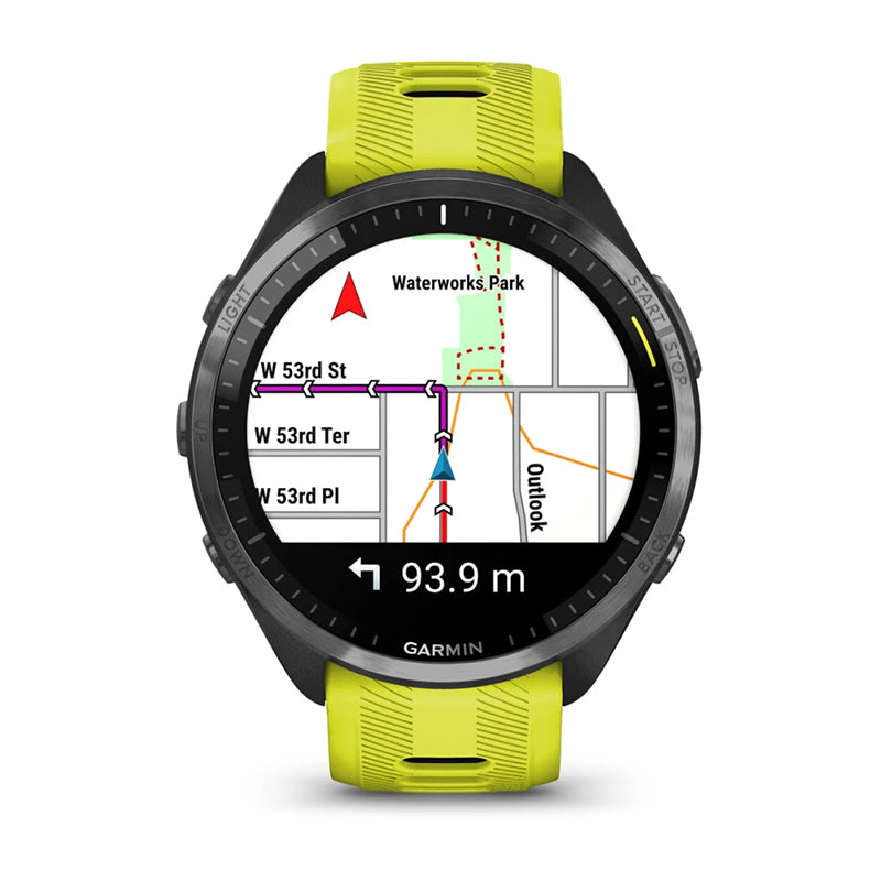 GARMIN Forerunner® 965 Carbon Grey DLC Titanium Bezel with Black Case and Amp Yellow/Black Silicone Band