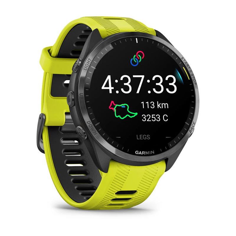 GARMIN Forerunner® 965 Carbon Grey DLC Titanium Bezel with Black Case and Amp Yellow/Black Silicone Band