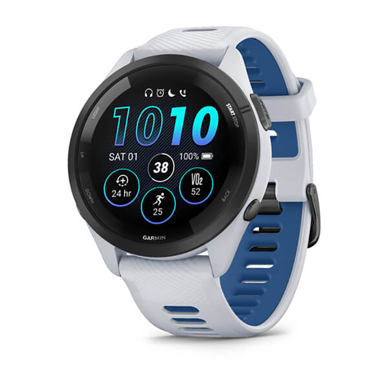 GARMIN Forerunner® 265 Music Black Bezel with Whitestone Case and Whitestone/Tidal Blue Silicone Band