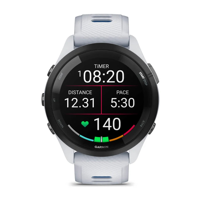 GARMIN Forerunner® 265 Music Black Bezel with Whitestone Case and Whitestone/Tidal Blue Silicone Band