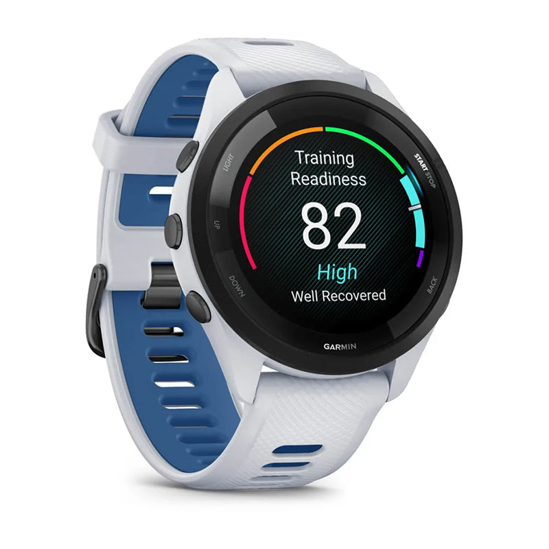 GARMIN Forerunner® 265 Music Black Bezel with Whitestone Case and Whitestone/Tidal Blue Silicone Band