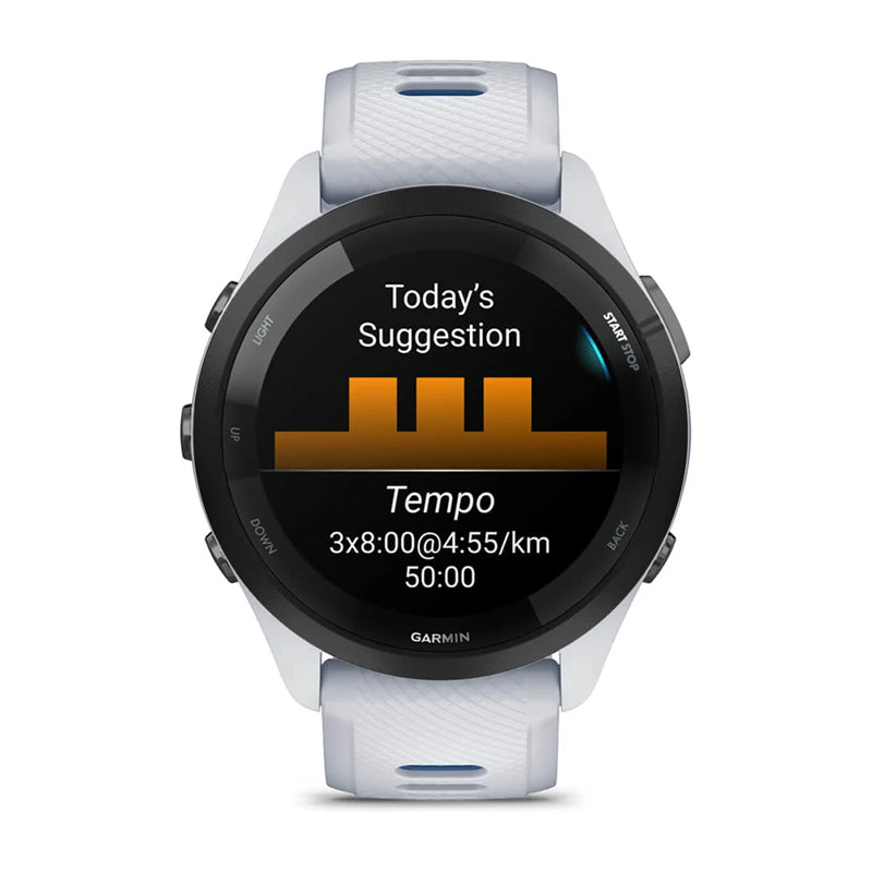 GARMIN Forerunner® 265 Music Black Bezel with Whitestone Case and Whitestone/Tidal Blue Silicone Band