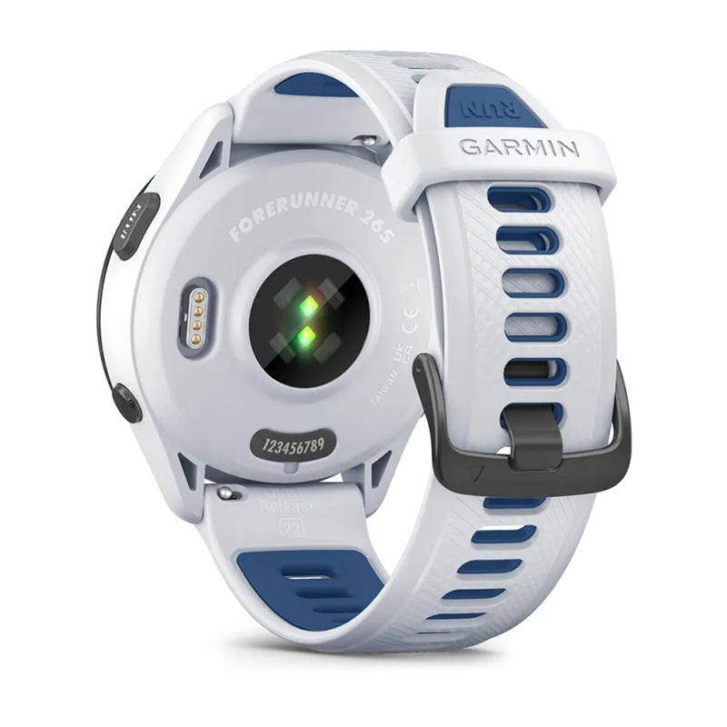 GARMIN Forerunner® 265 Music Black Bezel with Whitestone Case and Whitestone/Tidal Blue Silicone Band