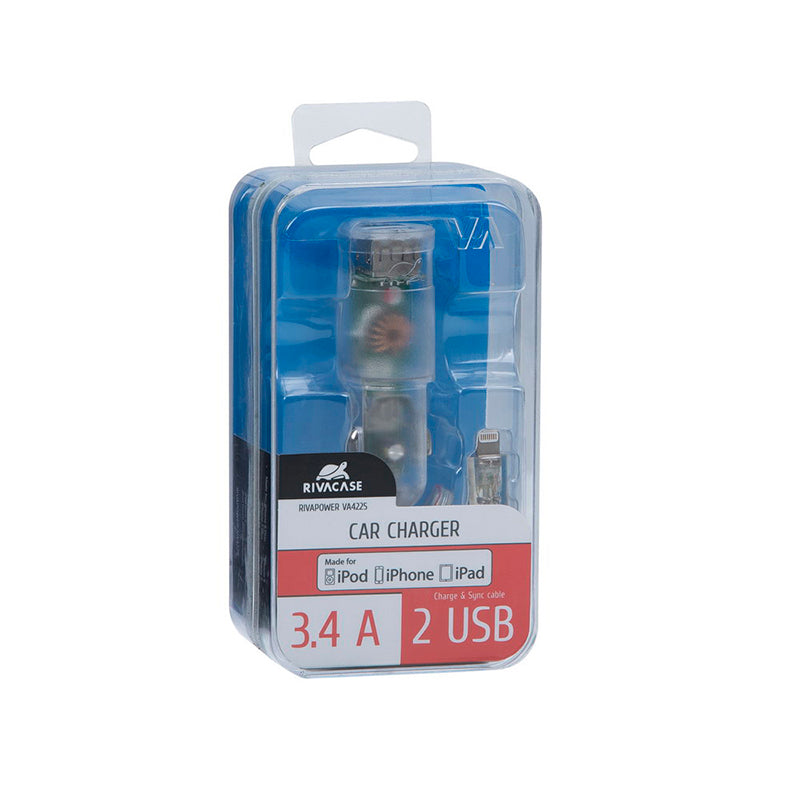 RivaCase Car Charger Transparent 3,4A/ 2USB with MFi Lightning Cable