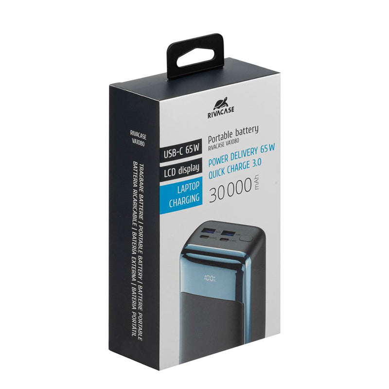 RivaCase EU, QC/PD 65W 30000 mAh Portable Battery with LCD Black For Laptops