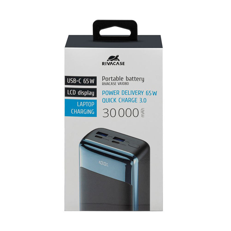 RivaCase EU, QC/PD 65W 30000 mAh Portable Battery with LCD Black For Laptops