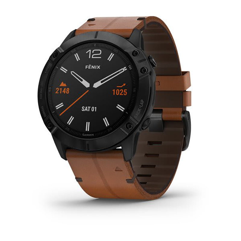 GARMIN Fenix 6X Pro Sapphire Editions Black DLC with Chestnut Leather Band Watch
