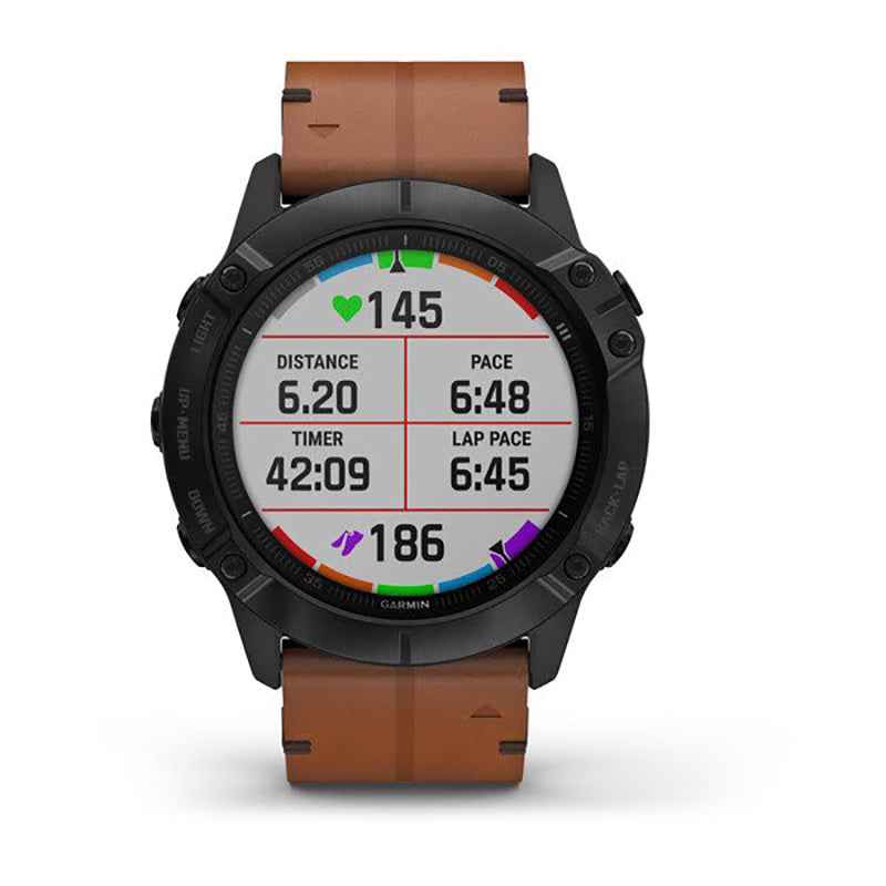 GARMIN Fenix 6X Pro Sapphire Editions Black DLC with Chestnut Leather Band Watch