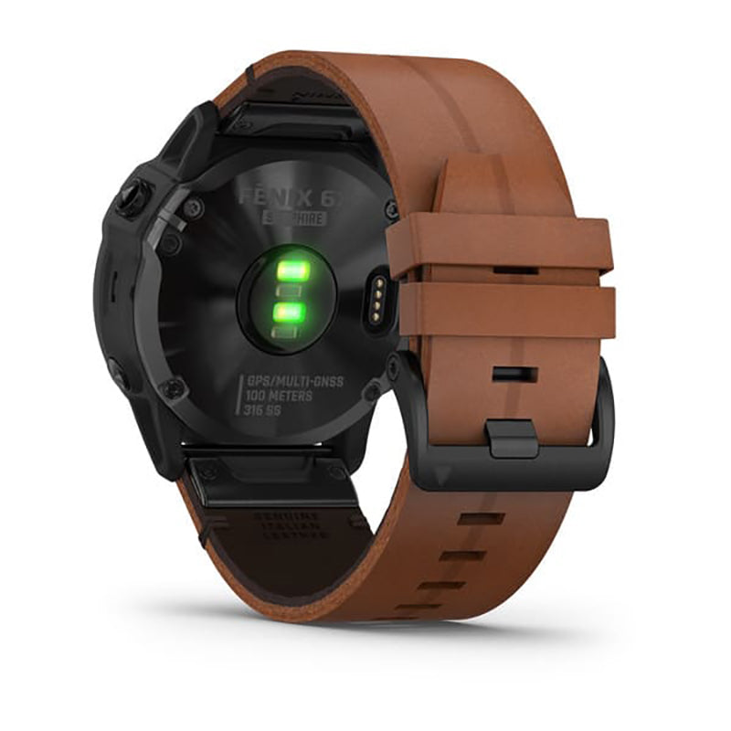 GARMIN Fenix 6X Pro Sapphire Editions Black DLC with Chestnut Leather Band Watch