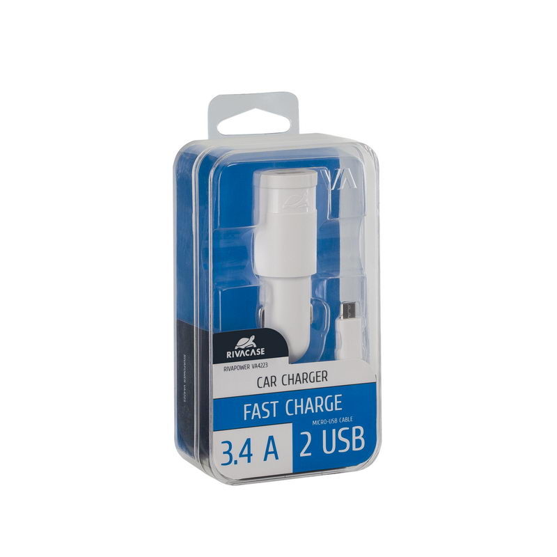 car charger white 3,4A/ 2USB, with Micro USB cable, 12/96