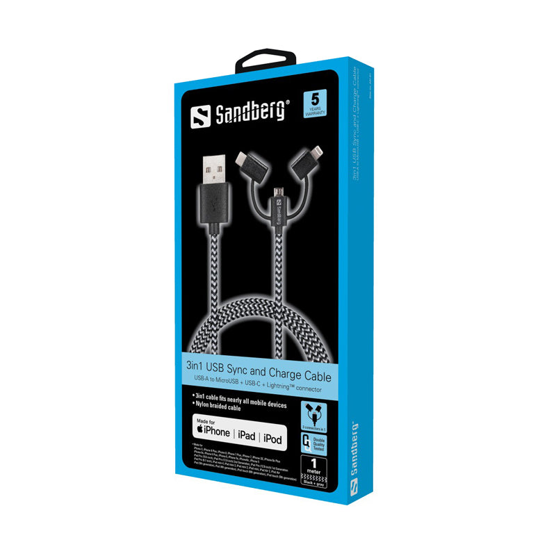 Sandberg 3in1 Lightning+MicroUSB+USB-C 1m